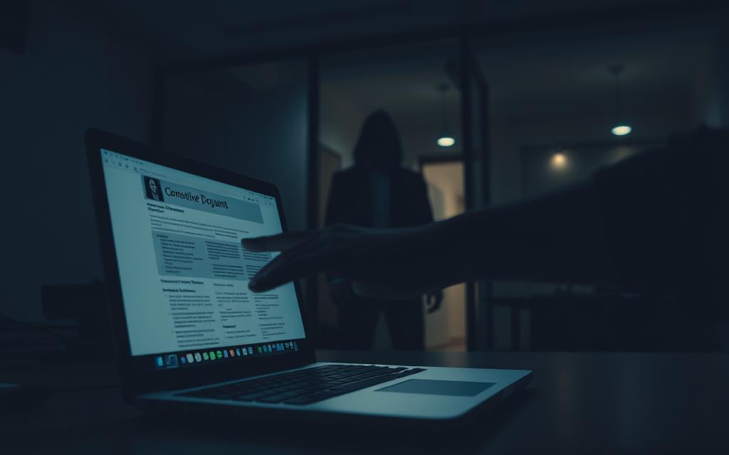 A Dimly Lit Office Interior, With A Laptop Screen Displaying Sensitive Documents. The Foreground Features A Hand Reaching Toward The Screen, Symbolizing A Confidentiality Breach. In The Middle Ground, A Shadowy Figure Lurks, Reflecting The Unethical Nature Of The Act. The Background Depicts A Sense Of Unease, With Muted Colors And A Subtle Sense Of Tension. Lighting Is Dramatic, Casting Dramatic Shadows And Highlighting The Gravity Of The Situation. The Overall Atmosphere Conveys The Serious Consequences Of A Confidentiality Breach. A Dimly Lit Office Interior, With A Laptop Screen Displaying Sensitive Documents. The Foreground Features A Hand Reaching Toward The Screen, Symbolizing A Confidentiality Breach. In The Middle Ground, A Shadowy Figure Lurks, Reflecting The Unethical Nature Of The Act. The Background Depicts A Sense Of Unease, With Muted Colors And A Subtle Sense Of Tension. Lighting Is Dramatic, Casting Dramatic Shadows And Highlighting The Gravity Of The Situation. The Overall Atmosphere Conveys The Serious Consequences Of A Confidentiality Breach.