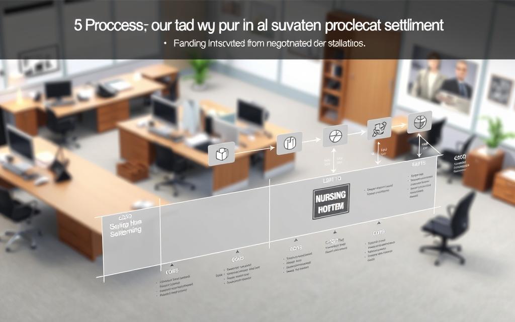 A Formal, Professional Legal Process Diagram Depicting The Steps In Pursuing A Nursing Home Neglect Settlement. Rendered In A Clean, Technical Style With Isometric 3D Graphics. Foreground Shows An Overview Of The Workflow, Including Client Intake, Investigation, Negotiation, And Litigation. Middle Ground Features Detailed Process Steps, Icons, And Annotations. Background Showcases A Corporate Office Interior With Desks, Computers, And Law Firm Decor. Lighting Is Soft And Diffuse, Creating A Serious, Authoritative Atmosphere. Camera Angle Is Slightly Elevated To Convey A Sense Of Authority And Expertise.