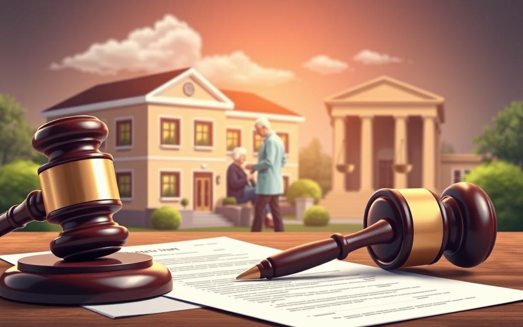 A Well-Lit And Detailed Illustration Depicting The Legal Framework Surrounding Nursing Home Claims. In The Foreground, A Gavel And Legal Documents Symbolize The Judicial Process. In The Middle Ground, A Nursing Home Building With A Compassionate Caregiver Tending To An Elderly Resident, Representing The Care Providers. In The Background, A Scale Of Justice And A Courthouse, Conveying The Balance Of Rights And Responsibilities. The Overall Mood Is One Of Professionalism And Care, Highlighting The Importance Of The Legal System In Protecting Vulnerable Nursing Home Residents.