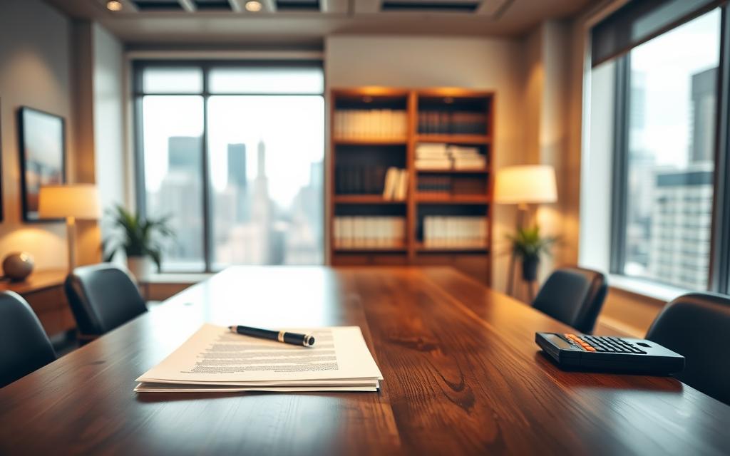 A Well-Lit, Professional Office Interior With A Large Wooden Desk In The Foreground. On The Desk, A Stack Of Documents, A Pen, And A Calculator. In The Middle Ground, A Law Bookshelf And A Window Overlooking A Bustling City Skyline. Warm, Indirect Lighting Creates A Sense Of Focus And Diligence. The Overall Mood Is One Of Careful Consideration And Attention To Detail As A Lawyer Evaluates An Injury Claim. The Camera Angle Is Slightly Elevated, Capturing The Desk And Its Contents In The Center Of The Frame. A Well-Lit, Professional Office Interior With A Large Wooden Desk In The Foreground. On The Desk, A Stack Of Documents, A Pen, And A Calculator. In The Middle Ground, A Law Bookshelf And A Window Overlooking A Bustling City Skyline. Warm, Indirect Lighting Creates A Sense Of Focus And Diligence. The Overall Mood Is One Of Careful Consideration And Attention To Detail As A Lawyer Evaluates An Injury Claim. The Camera Angle Is Slightly Elevated, Capturing The Desk And Its Contents In The Center Of The Frame.