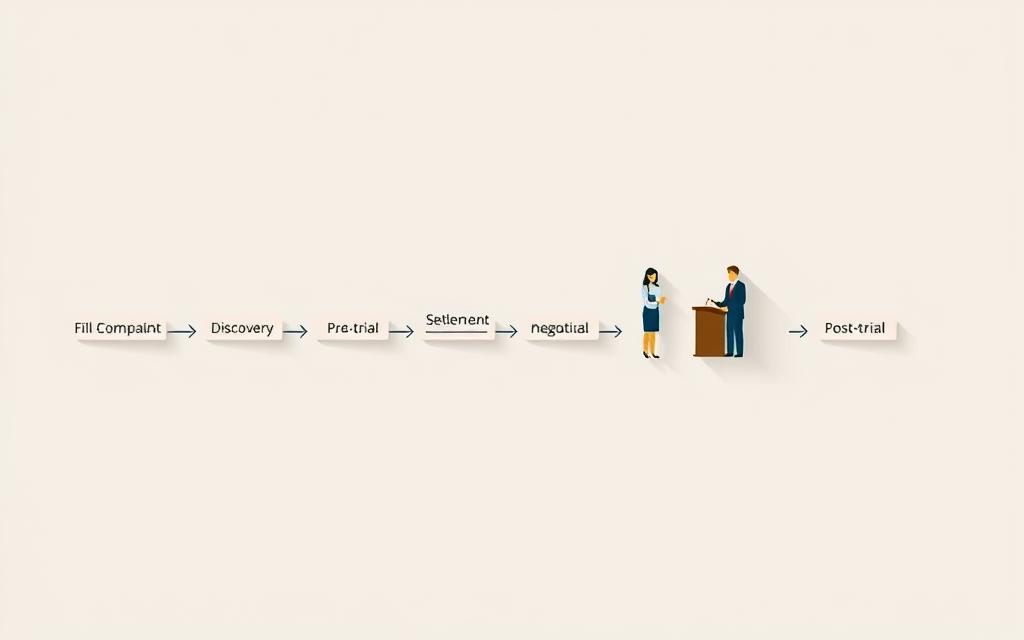 A Detailed Illustration Of The Civil Litigation Process Steps, Captured In A Clean, Minimalist Style. In The Foreground, A Timeline-Like Diagram Displays The Key Stages - Filing The Complaint, Discovery, Pre-Trial Motions, Settlement Negotiations, Trial, And Post-Trial Proceedings. The Middle Ground Features Simplified, Iconic Representations Of The Participants - The Plaintiff, Defendant, Judge, And Legal Counsel, All In A Neutral, Professional Setting. The Background Is A Muted, Off-White Tone, Allowing The Core Elements To Take Center Stage. Soft, Directional Lighting Casts Subtle Shadows, Creating Depth And Emphasizing The Structured Flow Of The Litigation Process. The Overall Tone Is Informative, Educational, And Visually Engaging, Perfectly Suited To Accompany The Article'S Section On The Civil Litigation Journey. A Detailed Illustration Of The Civil Litigation Process Steps, Captured In A Clean, Minimalist Style. In The Foreground, A Timeline-Like Diagram Displays The Key Stages - Filing The Complaint, Discovery, Pre-Trial Motions, Settlement Negotiations, Trial, And Post-Trial Proceedings. The Middle Ground Features Simplified, Iconic Representations Of The Participants - The Plaintiff, Defendant, Judge, And Legal Counsel, All In A Neutral, Professional Setting. The Background Is A Muted, Off-White Tone, Allowing The Core Elements To Take Center Stage. Soft, Directional Lighting Casts Subtle Shadows, Creating Depth And Emphasizing The Structured Flow Of The Litigation Process. The Overall Tone Is Informative, Educational, And Visually Engaging, Perfectly Suited To Accompany The Article'S Section On The Civil Litigation Journey.