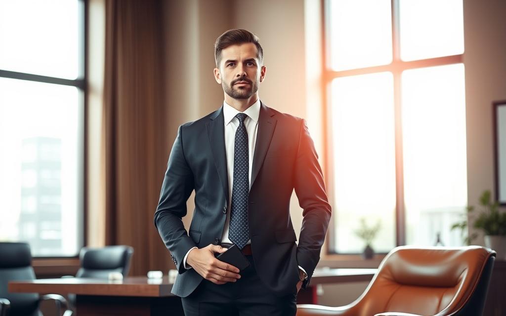 A Poised And Confident Local Litigation Lawyer Standing In A Modern Law Office, Bathed In Warm, Natural Lighting From Large Windows. Their Professional Attire, A Crisp Suit And Tie, Conveys Expertise And Authority. The Lawyer'S Gaze Is Direct And Their Posture Exudes An Air Of Competence, Ready To Advocate For Their Clients. The Office Interior Features Sleek, Minimalist Decor, With A Polished Wood Desk And Leather Armchair In The Foreground, Suggesting A Sophisticated, Trustworthy Legal Practice. The Background Blurs Softly, Placing The Focus Squarely On The Central Figure, The Local Litigation Lawyer Ready To Provide Expert Legal Assistance.