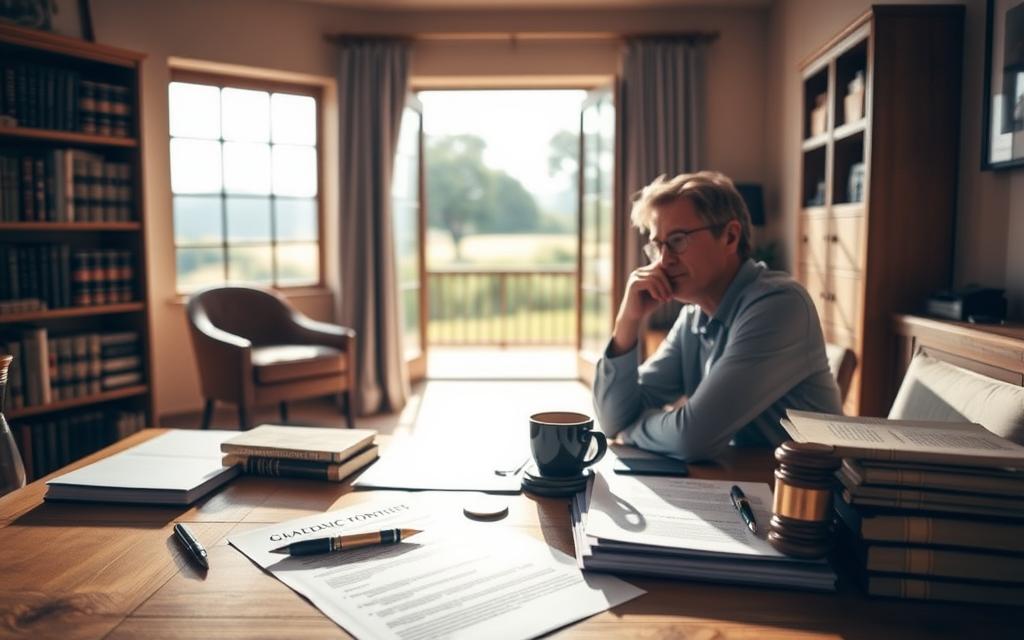 A Warm-Toned, Sunlit Room With An Array Of Legal Documents, Pen And Paper, And A Cup Of Coffee On A Wooden Desk. In The Foreground, A Person Sits Thoughtfully, Considering Non-Court Guardianship Options. The Middle Ground Features A Bookshelf With Legal Texts, And The Background Showcases A Large Window Overlooking A Peaceful, Natural Landscape. The Lighting Is Soft And Diffused, Creating A Contemplative Atmosphere. The Overall Composition Conveys A Sense Of Diligent Research And Careful Consideration Of Alternative Guardianship Solutions Outside The Court System.